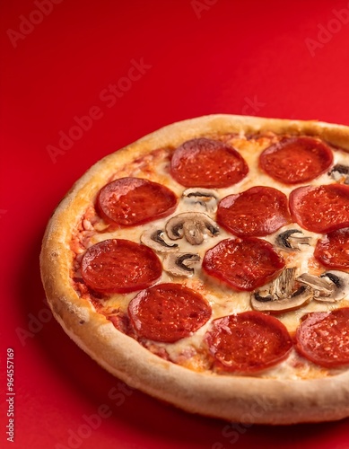 Close Up of Pepperoni Pizza on Red Background