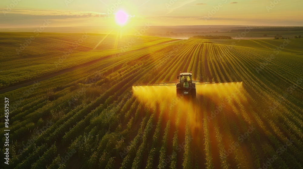 Aerial view of tractor spraying pesticides on green soybean field at sunset. Concept Agriculture, Aerial Photography, Pesticide Application, Sunset, Soybean Farming Aerial view of tractor spraying pesticides on green soybean field at sunset. Concept Agriculture, Aerial Photography, Pesticide Application, Sunset, Soybean Farming