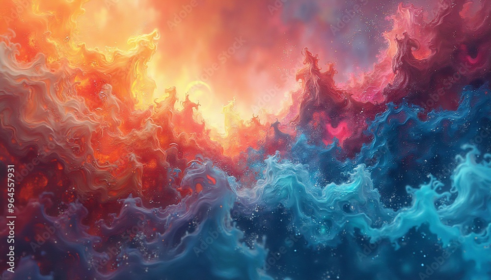 Abstract fluid dynamics with swirling textures, vibrant gradients, chemical mixing patterns, room for text