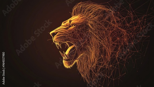 Digital Lion Roaring with Golden Lines