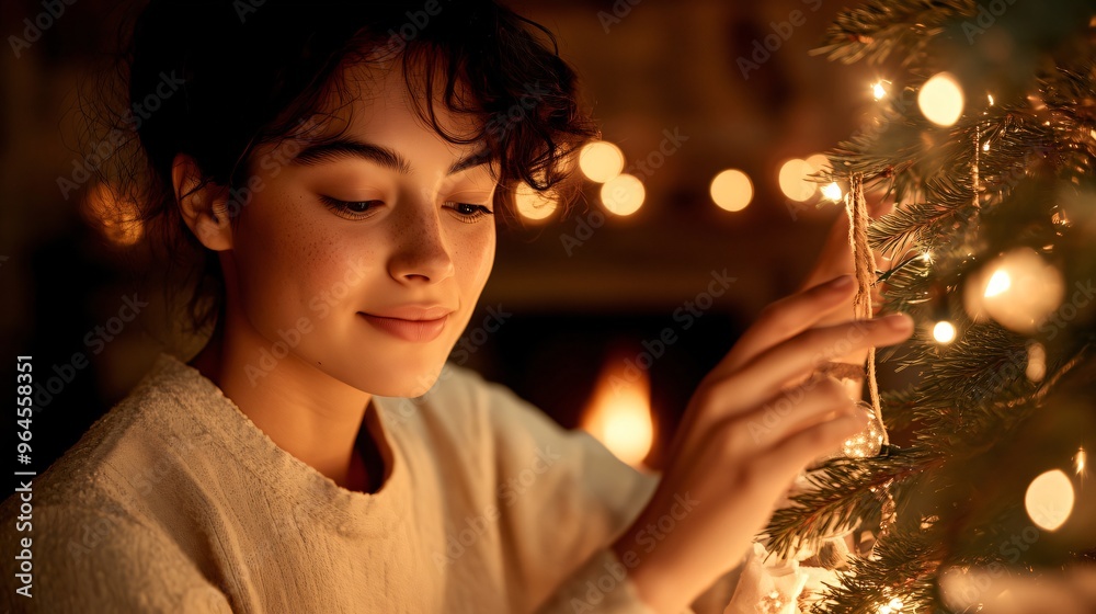 Young woman is decorating a christmas tree with fairy lights in a cozy living room with a fireplace in the background. Poster and wallpaper Young woman is decorating a christmas tree with fairy lights in a cozy living room with a fireplace in the background. Poster and wallpaper