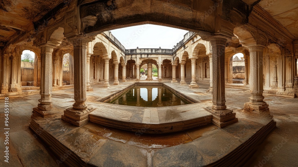 Obraz premium A wide-angle shot of the Queen Bath in Hampi, with its serene courtyard and arched openings.