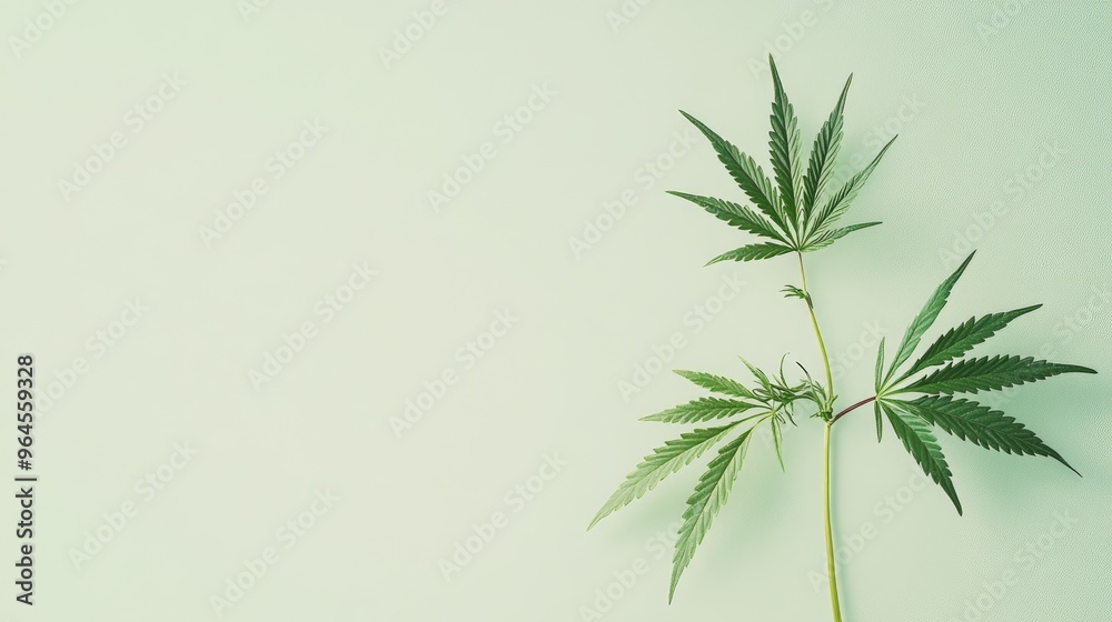 Naklejka premium A minimalistic display of a single cannabis plant on a monochromatic background, highlighting its use in biotech and medicine.