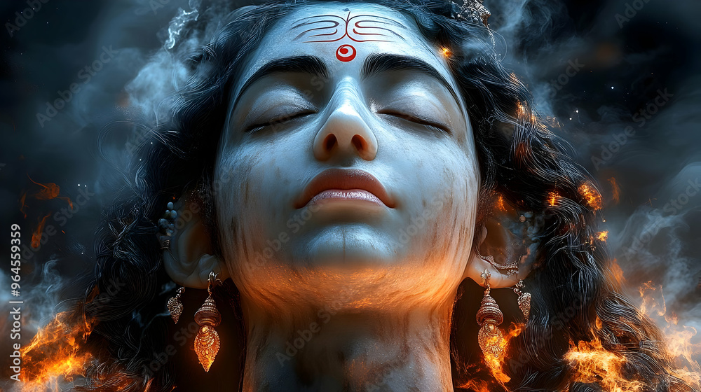 A serene figure with closed eyes, adorned with jewelry, amidst a fiery and mystical background. A serene figure with closed eyes, adorned with jewelry, amidst a fiery and mystical background.