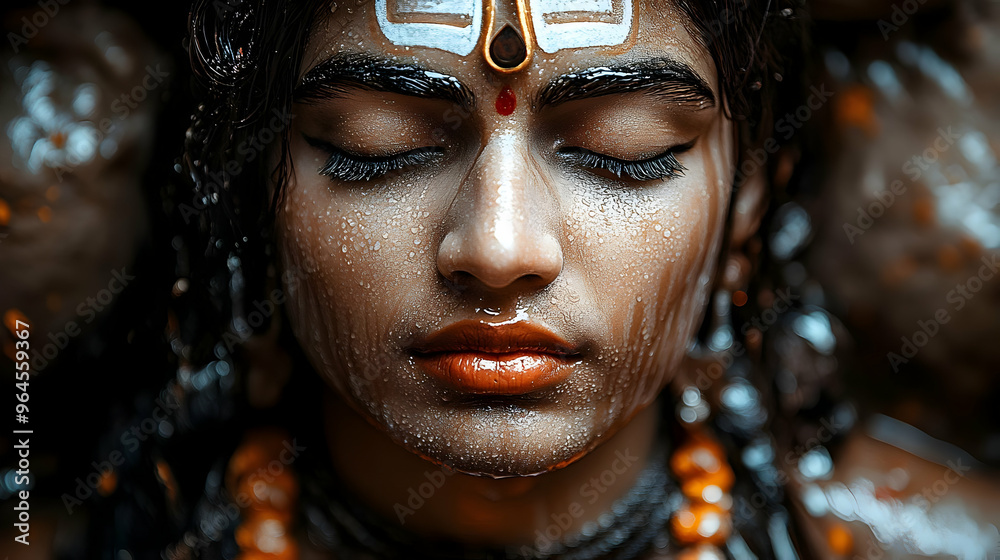 A serene figure with closed eyes, adorned with traditional markings and jewelry. A serene figure with closed eyes, adorned with traditional markings and jewelry.