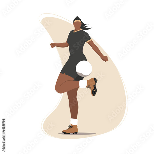 Female Soccer Player Kicking Ball: Dynamic Flat Vector Illustration of Professional Sportswoman in Action