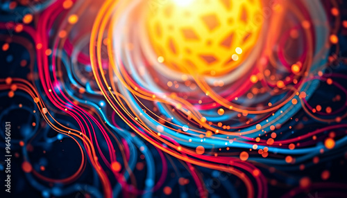 L'image présente un orbe lumineux et brillant au centre, entouré de lignes dynamiques et colorées et de particules fluides, créant une représentation vivante de l'énergie et du mouvement dans un style