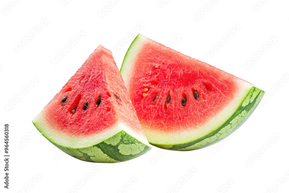 Two fresh watermelon slices showcasing the juicy red flesh and green rind, perfect for summer refreshment and healthy eating inspiration. Two fresh watermelon slices showcasing the juicy red flesh and green rind, perfect for summer refreshment and healthy eating inspiration.