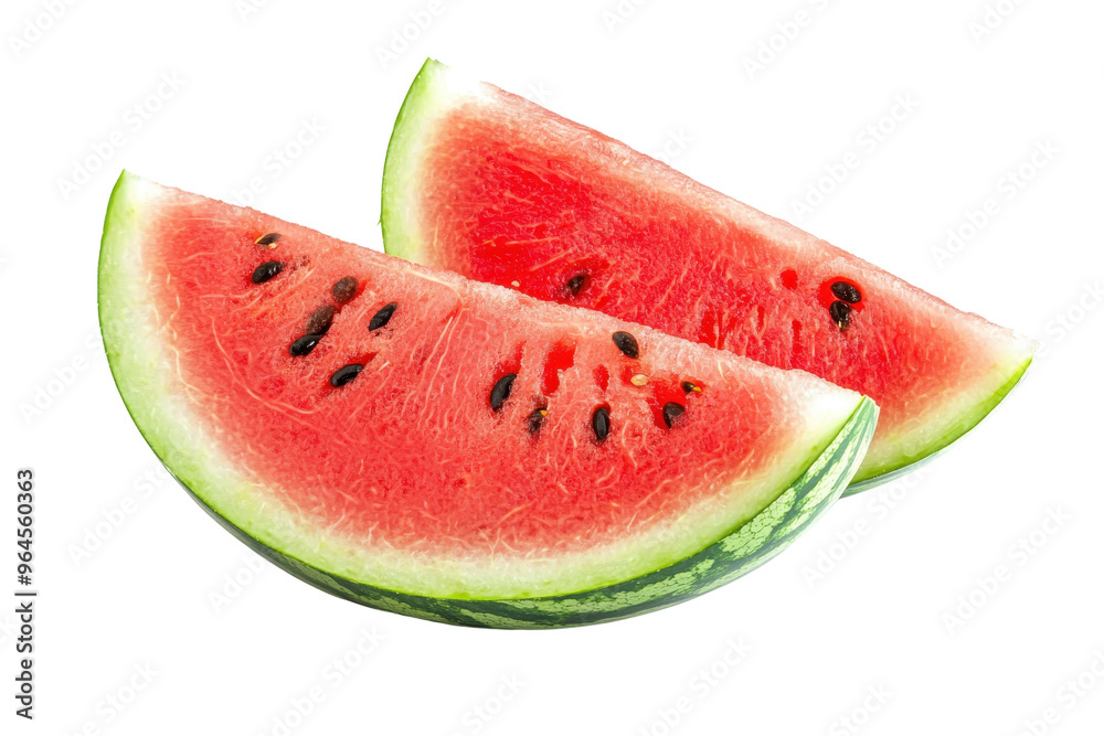 Two juicy watermelon slices on a transparent background. Perfect for summer-themed designs, healthy eating concepts, or fresh fruit promotions.