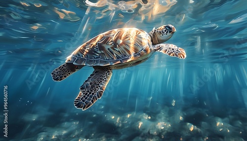 In the blue water, a turtle is swimming slowly. The sun shines through the water and casts mottled light and shadow, making it seem peaceful, harmonious and beautiful. photo