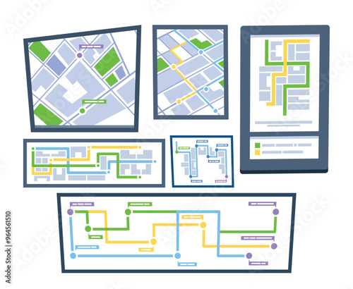Set of Navigation Maps Displayed On Different Digital Devices Highlighting Colorful Routes And Pathways For Travel