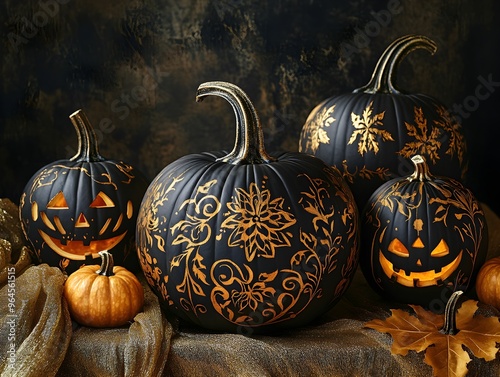 A captivating display of black Halloween pumpkins with golden carved designs and illuminated faces against a dark backdrop. photo