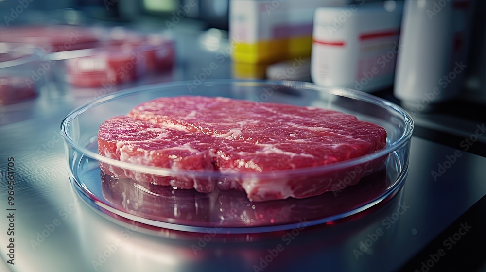 Close-up of lab-grown meat in a petri dish, symbolizing the future of food production through biotechnology and sustainability. Close-up of lab-grown meat in a petri dish, symbolizing the future of food production through biotechnology and sustainability.