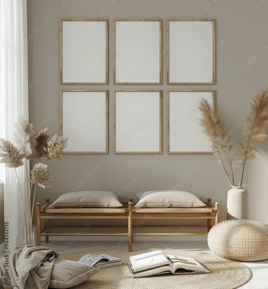 Modern minimalist interior with empty frames and soft textiles on a neutral backdrop
