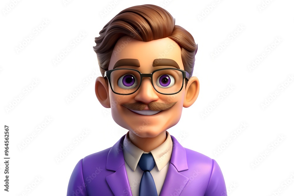 Smiling cartoon man with glasses and mustache in purple suit on white background Smiling cartoon man with glasses and mustache in purple suit on white background