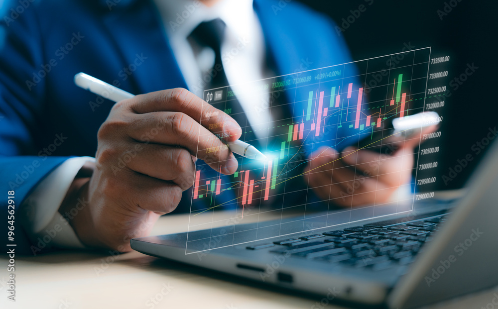 Business financial stock market concept. Businessman analyzing financial data stock market. Business finance stock bar chart Hologram. Business success and growth, economic growth graph. Business financial stock market concept. Businessman analyzing financial data stock market. Business finance stock bar chart Hologram. Business success and growth, economic growth graph.