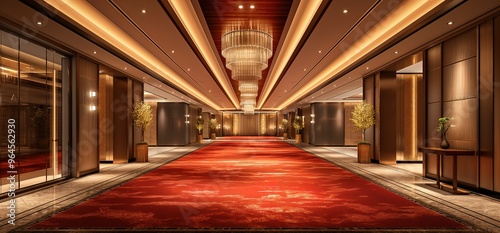 A luxurious hallway with a red carpet, gold accents, and a chandelier. The hallway leads to a grand ballroom or other event space. photo