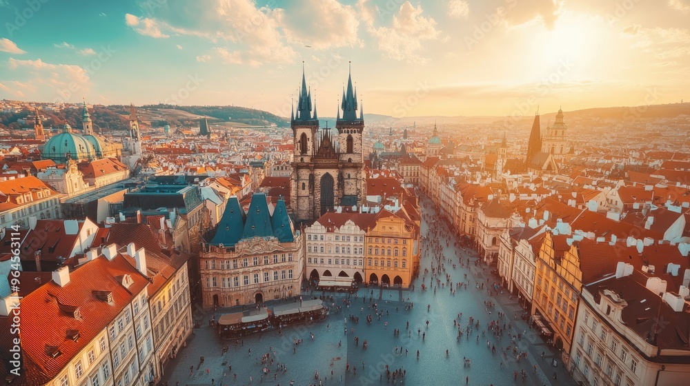 Fototapeta premium Aerial view of Prague's Old Town Square with the Gothic Church of Our Lady before and colorful historic buildings.