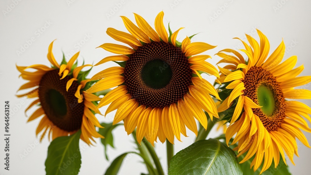 Obraz premium Vibrant sunflowers in a minimalist setting showcasing their bright yellow petals and dark centers, symbolizing summer and warmth
