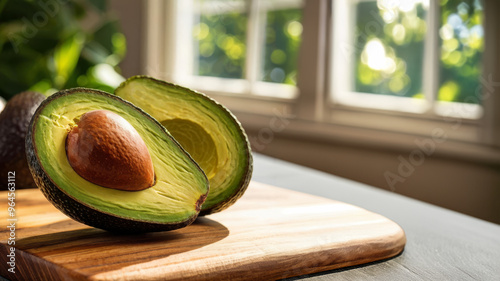 Close-up of halved Hass avocado with seed on wooden cutting board photo