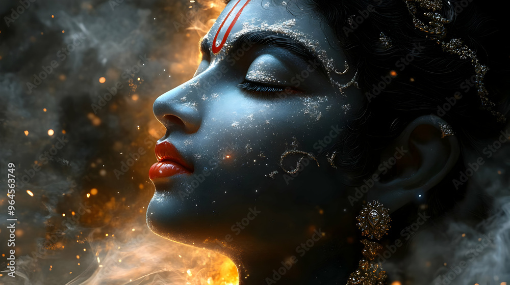 A serene profile of a goddess figure, adorned with jewelry and vibrant colors. A serene profile of a goddess figure, adorned with jewelry and vibrant colors.