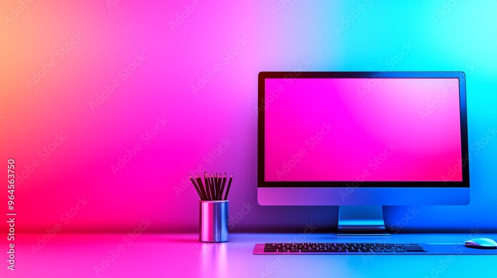 Modern Digital Learning Setup with Desktop Computer and Vibrant Gradient Background for Online Education Modern Digital Learning Setup with Desktop Computer and Vibrant Gradient Background for Online Education