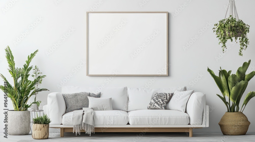 Minimalist Living Room with White Sofa and Plants Minimalist Living Room with White Sofa and Plants