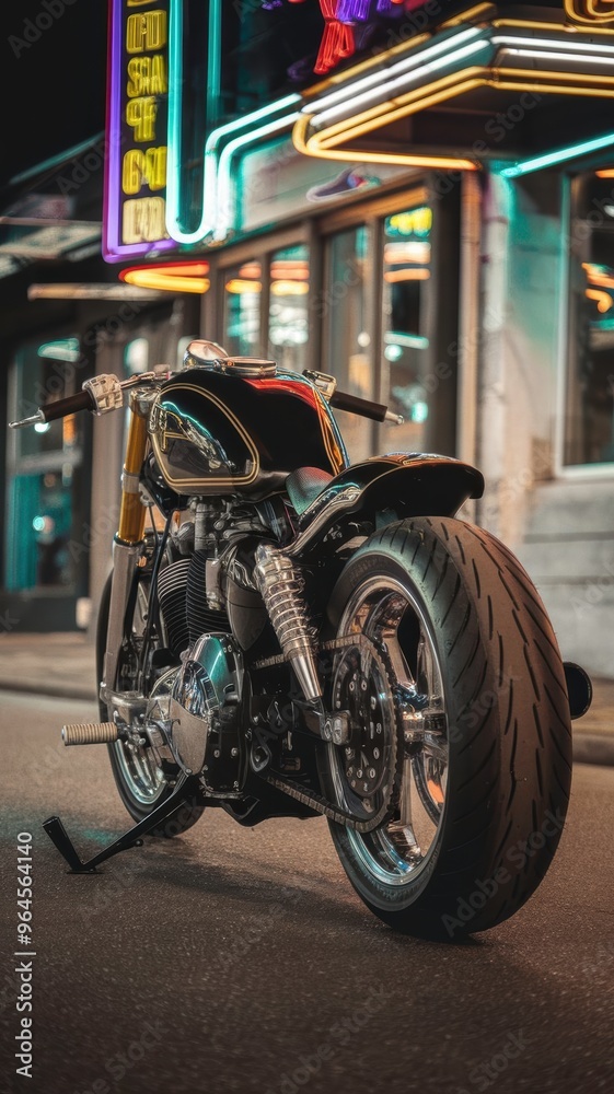 A Custom Motorcycle Shines on a Vibrant Street, Illuminated by Colorful Neon Lights. Generative AI A Custom Motorcycle Shines on a Vibrant Street, Illuminated by Colorful Neon Lights. Generative AI