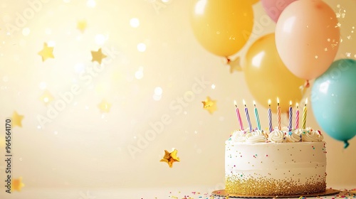 Goldglittered birthday cake with colorful balloons and shimmering stars, vibrant celebration background