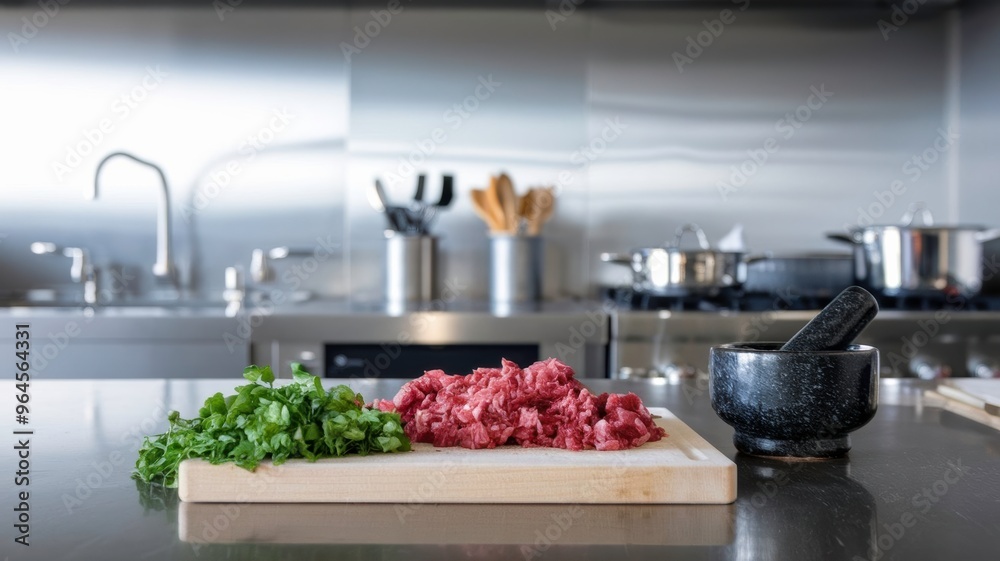 A Clean Minimalist Kitchen Workspace With Fresh Herbs and Prepared Meat Ready for Cooking. Generative AI A Clean Minimalist Kitchen Workspace With Fresh Herbs and Prepared Meat Ready for Cooking. Generative AI
