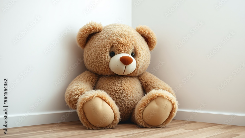 Soft teddy bear resting in a bright corner of a cozy room with warm wooden flooring during the afternoon Soft teddy bear resting in a bright corner of a cozy room with warm wooden flooring during the afternoon