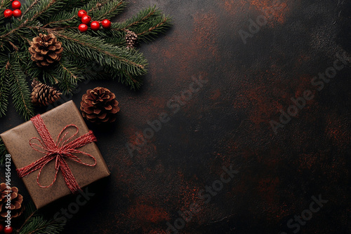 Christmas background with red and dark brown colors on an old texture, leaving space for text. Flat lay of a top view of Christmas decorations, including a present box on a textured surface.  photo