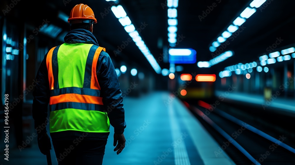 Fototapeta premium A railway worker in a safety vest stands at a dimly lit subway station, waiting for a train arrival.