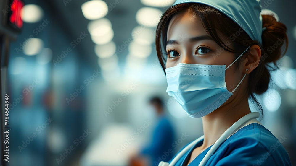 Beautiful young Korean woman working as a nurse wearing a mask Beautiful young Korean woman working as a nurse wearing a mask