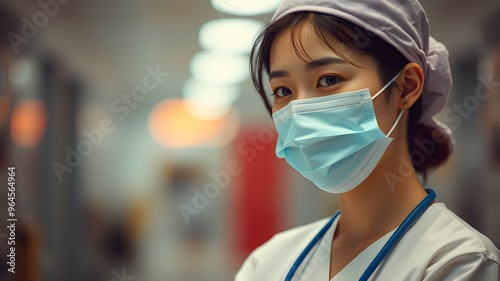 Beautiful young Korean woman working as a nurse wearing a mask