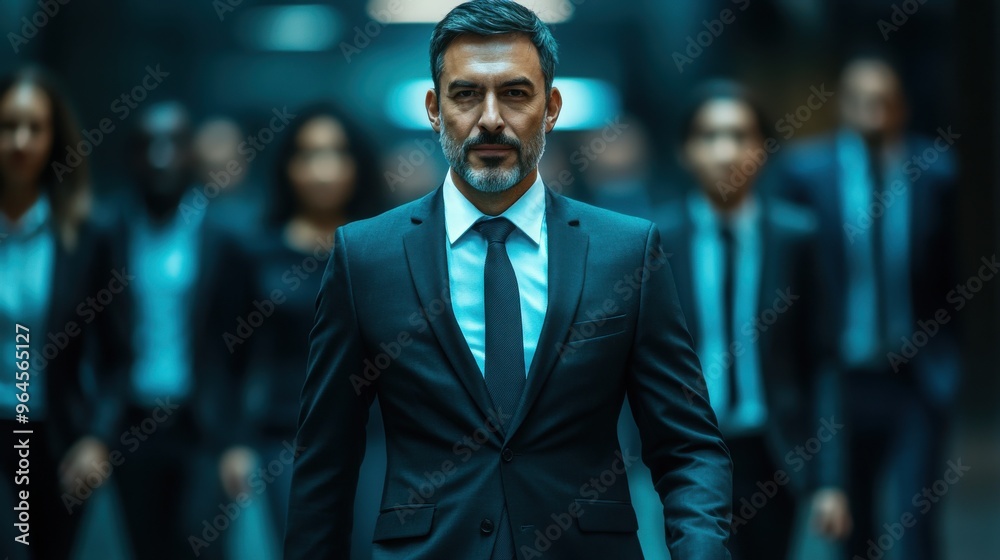 A confident businessman leads a team in a corporate setting with a modern and powerful ambiance, showcasing leadership and professionalism. A confident businessman leads a team in a corporate setting with a modern and powerful ambiance, showcasing leadership and professionalism.