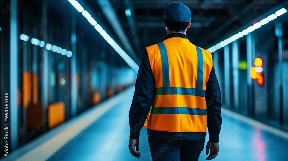 A worker in a safety vest walking through a modern subway station, showcasing urban transportation and occupational safety. A worker in a safety vest walking through a modern subway station, showcasing urban transportation and occupational safety.