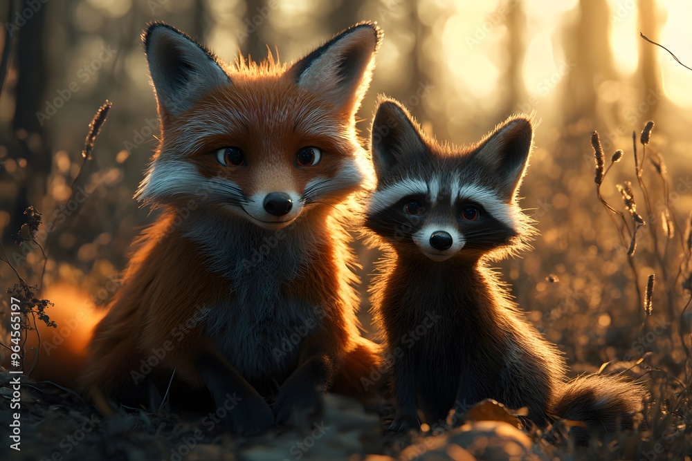 Fototapeta premium Fox and Raccoon Friends in the Sunset