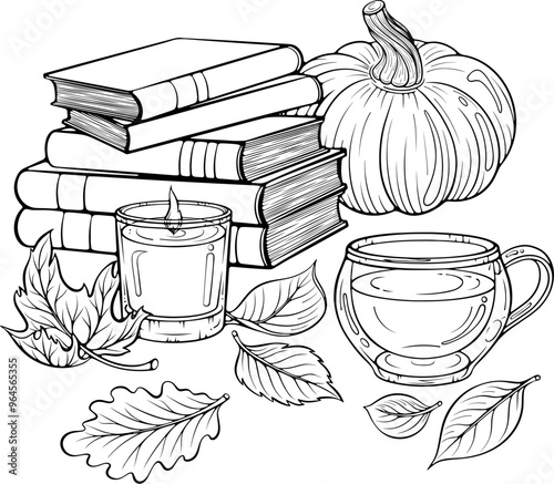 Autumn composition with books, tea, pumpkin, leaves and candle. Cozy autumn decor. Vector illustration in hand drawn sketch style. Line art isolated on white for coloring book, print