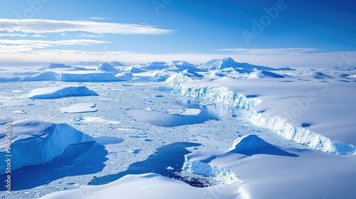 Aerial view of the icy expanse of Antarctica, showing the vast glaciers and icebergs that make up the continent. photo