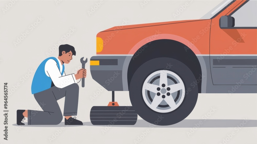Animated Illustration Showing a Person Changing a Tire on a Car in a Garage Setting. Generative AI Animated Illustration Showing a Person Changing a Tire on a Car in a Garage Setting. Generative AI
