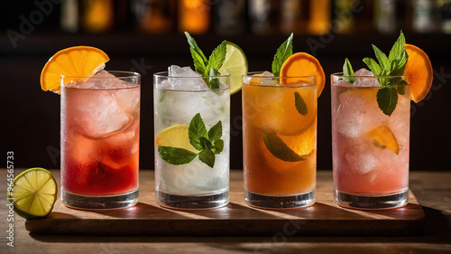 Three refreshing cocktails with vibrant garnishes served on a bar countertop under warm lighting.