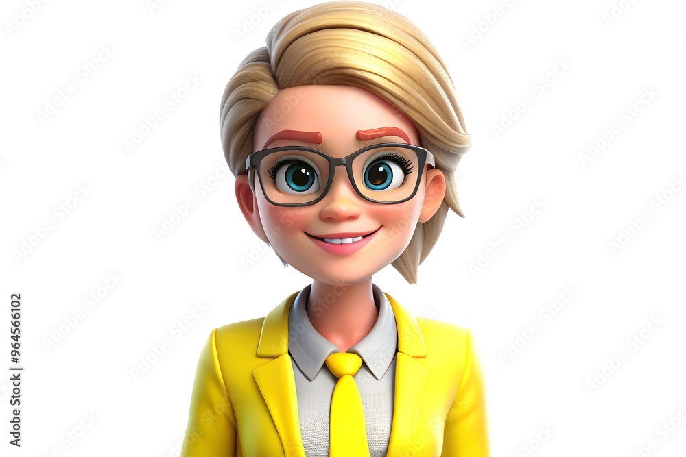 Smiling cartoon character with glasses and blonde hair in yellow suit on white background Smiling cartoon character with glasses and blonde hair in yellow suit on white background