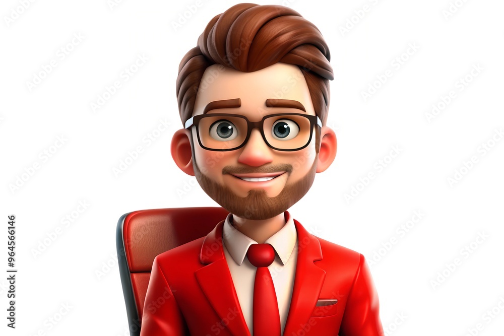 Cheerful office worker in red suit sitting on red chair with glasses on white background Cheerful office worker in red suit sitting on red chair with glasses on white background