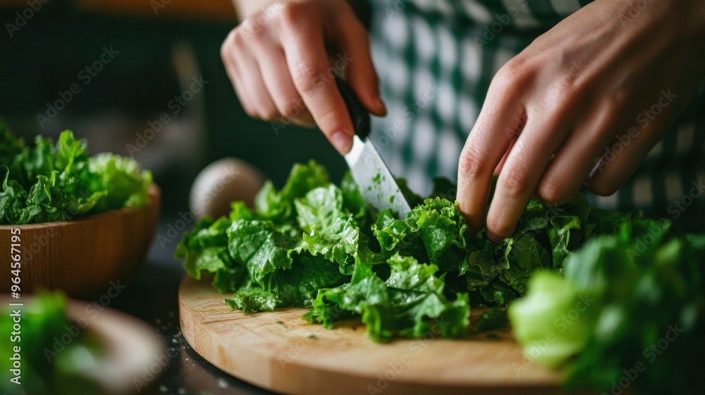 Hand holding a knife is cutting salad vegetables, cucumbers on a cutting board in the kitchen with green vegetables for a healthy meal or nutrition. Hand holding a knife is cutting salad vegetables, cucumbers on a cutting board in the kitchen with green vegetables for a healthy meal or nutrition.