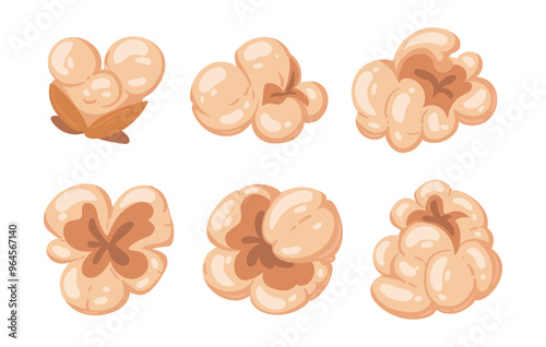 Cartoon popcorn. Tasty popping corn with salty or sweet flavour, movie watching crunchy snack flat vector illustration set. Popcorn snack on white