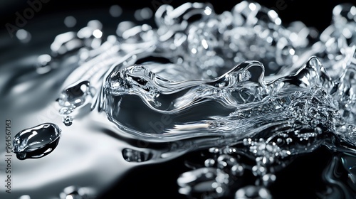 Wallpaper Mural Liquid Mercury: A close-up of liquid mercury droplets merging on a reflective surface, with high contrast between the silver liquid and a dark background.  Torontodigital.ca