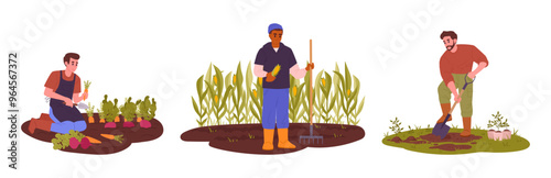 Farm workers. Agriculture harvesting, men doing gardening and husbandry, people harvesting crop and care about plants flat vector illustration set. Farm work scenes