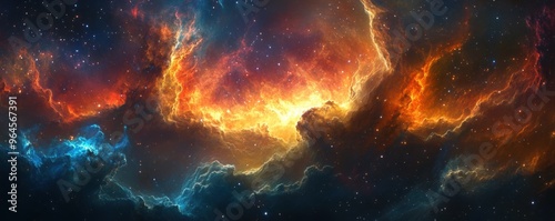 A stunning depiction of a cosmic scene featuring vibrant colors and swirling clouds of gas, showcasing the beauty of the universe.