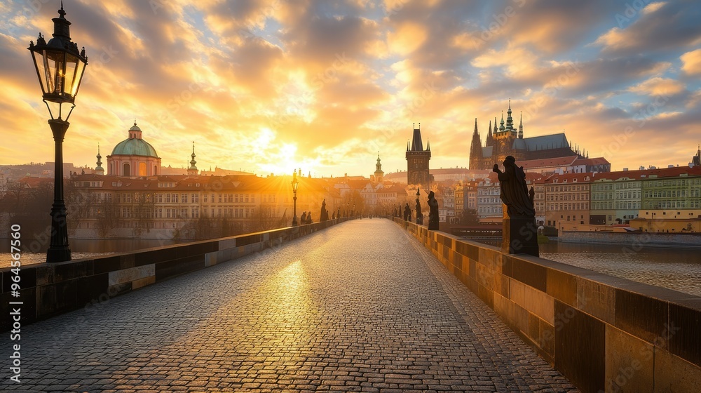 Obraz premium An early morning view of the empty Charles Bridge with the sun rising behind Prague Castle.